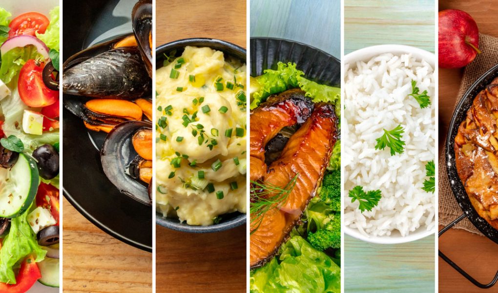 Collage photo de plusieurs plats de la gastronomie européenne: salade grecque, moules, Saumon, purée et riz